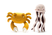 Load image into Gallery viewer, Tactile Crab Plush Toy Knitted Organic Cotton in Mustard