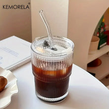 Load image into Gallery viewer, 450ml Stripe Glass Cup with Lid & Straw - Iced Coffee & Tea Mug