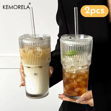 Load image into Gallery viewer, 450ml Stripe Glass Cup with Lid & Straw - Iced Coffee & Tea Mug