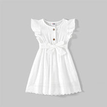Load image into Gallery viewer, PatPat Mommy and Me 100% Cotton Solid Textured Flutter-sleeve Belted Dresses