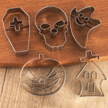 Load image into Gallery viewer, Stainless Steel Halloween Cookie Cutters - Skull, Pumpkin, Ghost, Coffin & Haunted House