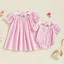 Load image into Gallery viewer, FOCUSNORM 0-6Y Little Baby Girls Sister Matching Romper/Dress Easter Rabbit Embroidery Short Puff Sleeve Stripes Print Clothes