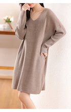 Load image into Gallery viewer, 100% Wool V-Neck Batwing Sleeve Knit Dress