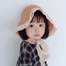 Load image into Gallery viewer, Cute Lace Girls Straw Hat Summer Bow Girls Boys Sun Cap Wide Brim Sun Protection Kids Fisherman Hat Beach Panama Caps