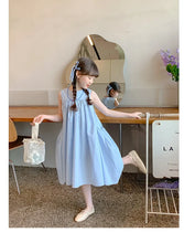 Load image into Gallery viewer, New Arrival Sweet Girls Dress For Summer 2 3 4 5 6 7 8 9 10 11 12 Year Sleeveless Solid Color Blue Child Dresses With Pockets
