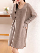 Load image into Gallery viewer, 100% Wool V-Neck Batwing Sleeve Knit Dress