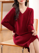 Load image into Gallery viewer, 100% Wool V-Neck Batwing Sleeve Knit Dress