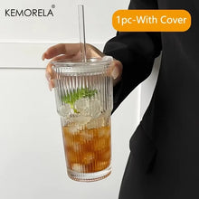 Load image into Gallery viewer, 450ml Stripe Glass Cup with Lid & Straw - Iced Coffee & Tea Mug
