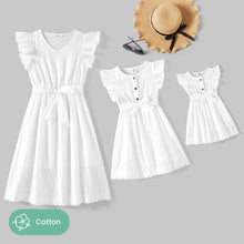 Load image into Gallery viewer, PatPat Mommy and Me 100% Cotton Solid Textured Flutter-sleeve Belted Dresses