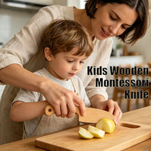Load image into Gallery viewer, Toddler cutting fruit with a wooden knife
