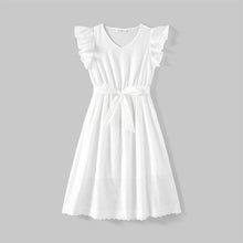 Load image into Gallery viewer, PatPat Mommy and Me 100% Cotton Solid Textured Flutter-sleeve Belted Dresses