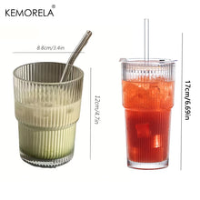 Load image into Gallery viewer, 450ml Stripe Glass Cup with Lid & Straw - Iced Coffee & Tea Mug