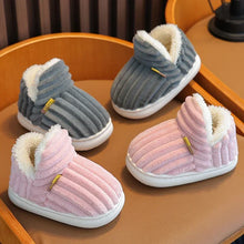 Load image into Gallery viewer, Children's Winter Shoes Concise Stripe Fluffy Slippers for Kids Boys Girls Heel Wrap Warm High Non-slip Home Cotton Shoes