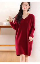 Load image into Gallery viewer, 100% Wool V-Neck Batwing Sleeve Knit Dress
