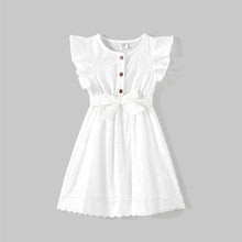 Load image into Gallery viewer, PatPat Mommy and Me 100% Cotton Solid Textured Flutter-sleeve Belted Dresses