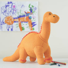 Load image into Gallery viewer, Knitted Orange Diplodocus Dinosaur Plush Toy