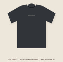 Load image into Gallery viewer, Cropped tee, Washed Black, cream wordmark (flat preview)