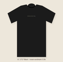 Load image into Gallery viewer, Revolution Yoga wordmark tee, Black, cream chest wordmark (flat preview)