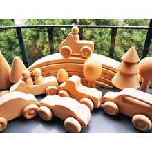Load image into Gallery viewer, Montessori Wooden Building Blocks - Trees, Cars, Bridge - Unpainted Beech and Basswood