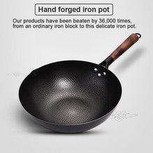 Load image into Gallery viewer, Handmade Iron Pot 32CM Frying Pan Uncoated Health Wok Non-Stick Pan Gas Stove Induction Cooker Universal Wood Cover Iron Wok