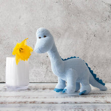 Load image into Gallery viewer, Knitted Organic Cotton Blue Diplodocus Dinosaur Baby Rattle

