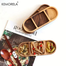 Load image into Gallery viewer, KEMORELA 1PCS Acacia Wood Oval Three Compartment Japanese Dip Plate Breakfast Dip Plate for Japanese Pickled Vegetables
