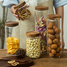 Load image into Gallery viewer, Wood Lid Glass Airtight Canister Kitchen Storage Bottles Jars Food Container Grains Tea Coffee Beans Grains Candy Jar Containers
