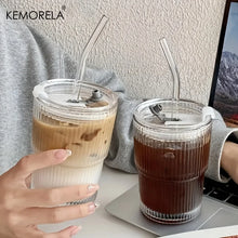 Load image into Gallery viewer, 1/2PCS 450ml Stripe Glass Cup Transparent Glasses With Lid and Straw Ice Coffee Mug Tea Cup Juice Glass Milk Water Cup Drinkware
