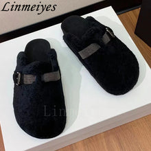 Load image into Gallery viewer, New Wool Flat Slippers Women Round Toe Casual Mules Shoes String Bead Buckle Slides Female Fashion Comfort Half Slippers Woman
