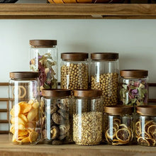 Load image into Gallery viewer, Wood Lid Glass Airtight Canister Kitchen Storage Bottles Jars Food Container Grains Tea Coffee Beans Grains Candy Jar Containers
