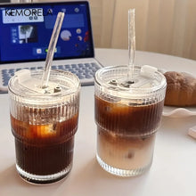 Load image into Gallery viewer, 1/2PCS 450ml Stripe Glass Cup Transparent Glasses With Lid and Straw Ice Coffee Mug Tea Cup Juice Glass Milk Water Cup Drinkware
