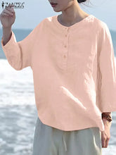 Load image into Gallery viewer, ZANZEA Women Cotton Blouse Solid Textured Fabric Shirt 2024 Summer Retro Nine Points Sleeve Blusas Tops Vintage Round Neck Blusa
