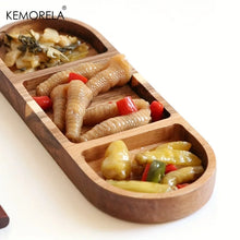 Load image into Gallery viewer, KEMORELA 1PCS Acacia Wood Oval Three Compartment Japanese Dip Plate Breakfast Dip Plate for Japanese Pickled Vegetables
