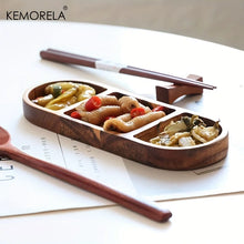 Load image into Gallery viewer, KEMORELA 1PCS Acacia Wood Oval Three Compartment Japanese Dip Plate Breakfast Dip Plate for Japanese Pickled Vegetables
