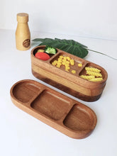 Load image into Gallery viewer, KEMORELA 1PCS Acacia Wood Oval Three Compartment Japanese Dip Plate Breakfast Dip Plate for Japanese Pickled Vegetables
