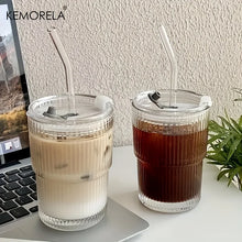 Load image into Gallery viewer, 1/2PCS 450ml Stripe Glass Cup Transparent Glasses With Lid and Straw Ice Coffee Mug Tea Cup Juice Glass Milk Water Cup Drinkware
