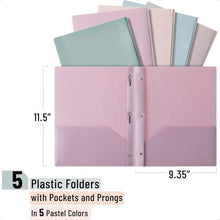 Load image into Gallery viewer, 5-Pack Plastic Folders with Pockets &amp; Prongs – Pastel Letter Size 8.5x11
