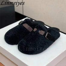 Load image into Gallery viewer, New Wool Flat Slippers Women Round Toe Casual Mules Shoes String Bead Buckle Slides Female Fashion Comfort Half Slippers Woman
