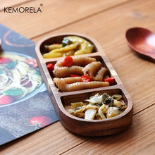 Load image into Gallery viewer, KEMORELA 1PCS Acacia Wood Oval Three Compartment Japanese Dip Plate Breakfast Dip Plate for Japanese Pickled Vegetables
