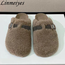 Load image into Gallery viewer, New Wool Flat Slippers Women Round Toe Casual Mules Shoes String Bead Buckle Slides Female Fashion Comfort Half Slippers Woman
