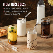 Load image into Gallery viewer, 1/4PCS Set Transparent Glasses With Glass Straw Can Shaped For Beer Iced Coffee Whiskey Soda Tea Water with 2 Cleaning Brushes
