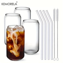 Load image into Gallery viewer, 1/4PCS Set Transparent Glasses With Glass Straw Can Shaped For Beer Iced Coffee Whiskey Soda Tea Water with 2 Cleaning Brushes
