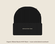 Load image into Gallery viewer, Organic ribbed beanie, Black, cream embroidered wordmark (flat preview)
