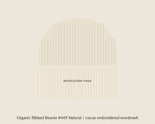 Load image into Gallery viewer, Organic ribbed beanie, Natural, cocoa wordmark
