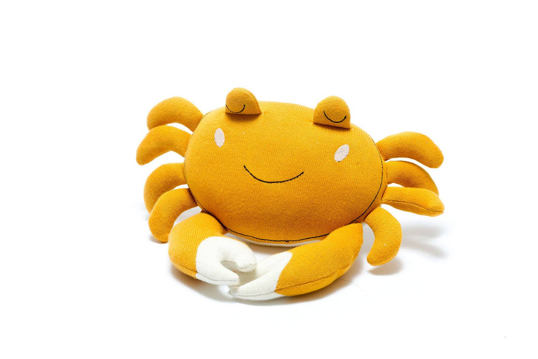 Tactile Crab Plush Toy Knitted Organic Cotton in Mustard