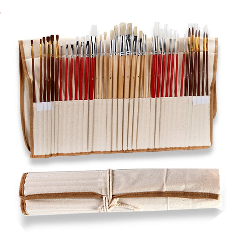 Paint Brush Set with Canvas Case: Perfect for Oil, Acrylic, and Watercolor Painting