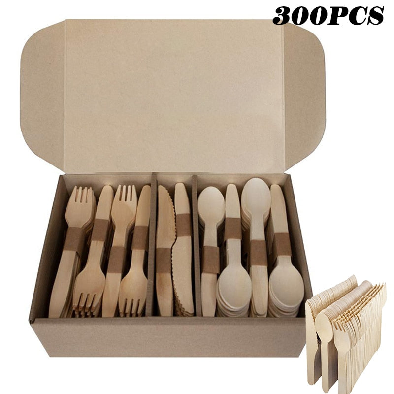 300 Pcs Biodegradable Wood Cutlery Set