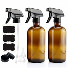 Load image into Gallery viewer, Natural &amp; Sustainable Amber Glass Spray Bottles with Labels, Funnels &amp; Caps. 16 OZ 2 pack
