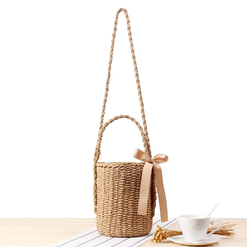 Simple Solid Color Straw Woven Bag Women Round Shoulder Bags Crossbody Bucket Handbag Beach Photo Props Travel Shopping Bags