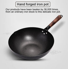 Load image into Gallery viewer, Handmade Iron Pot 32CM Frying Pan Uncoated Health Wok Non-Stick Pan Gas Stove Induction Cooker Universal Wood Cover Iron Wok
